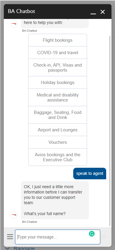 british airways live chat